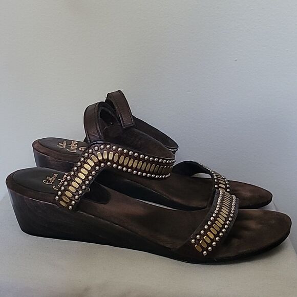 Calleen Cordero Brown Studded Leather Low Wedge Sandals. Size 7.5 - Picture 5 of 7